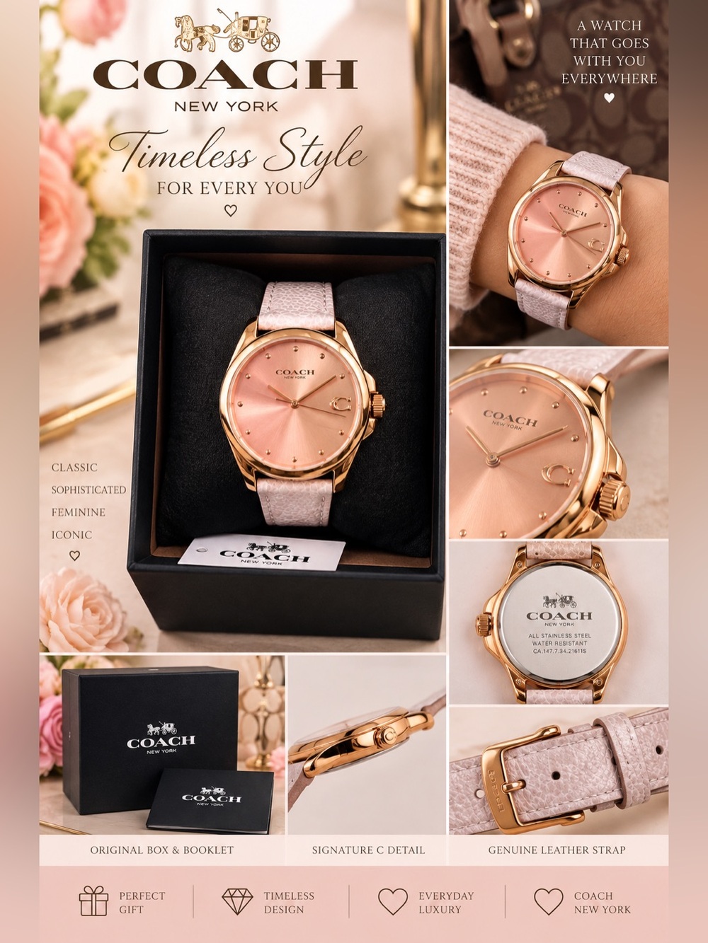 COACH Rose Gold Dial Watch with Pale Pink Leather Strap